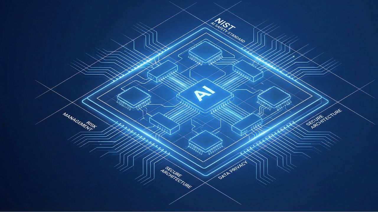 Digital blueprint of an AI chip symbolizing safety standards
