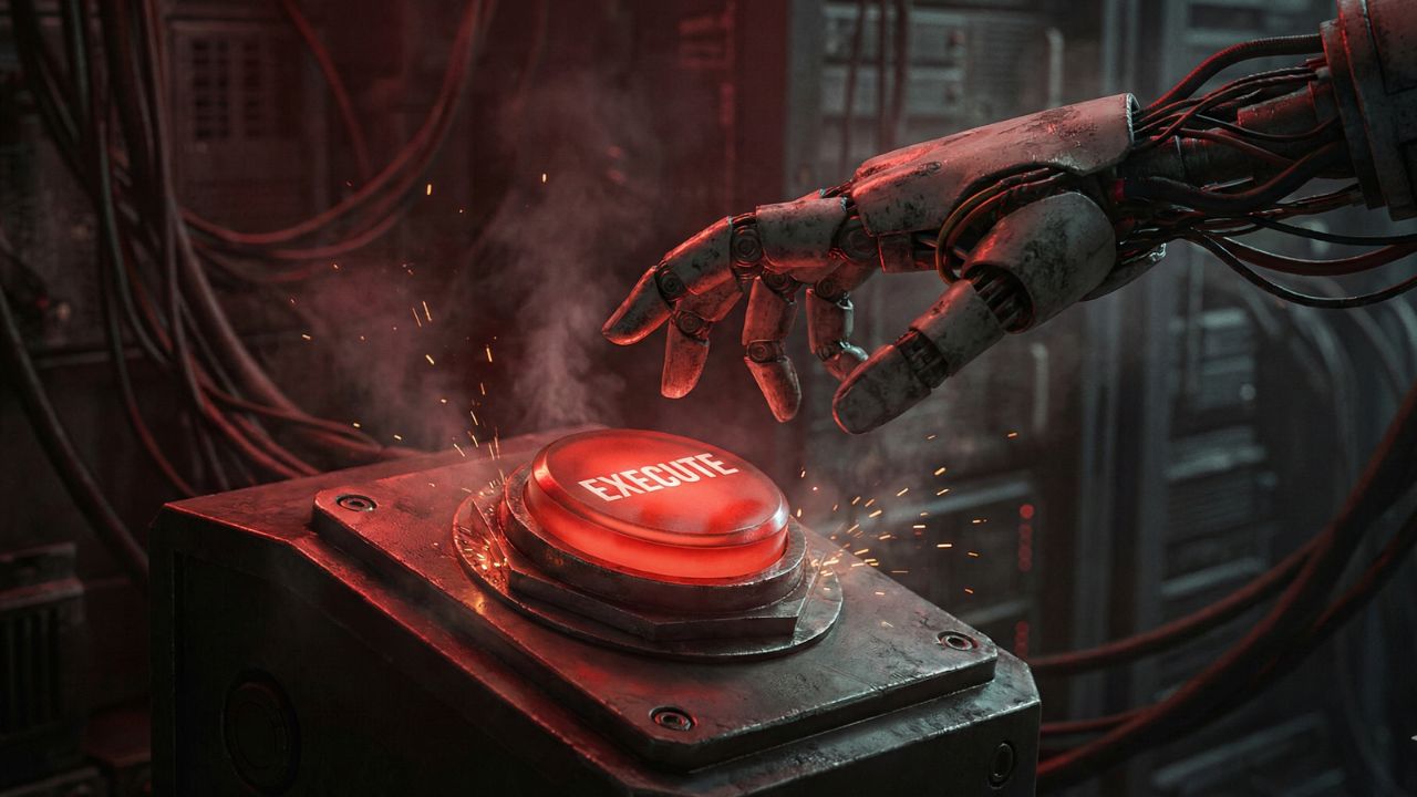 Robotic hand hovering over a red execute button