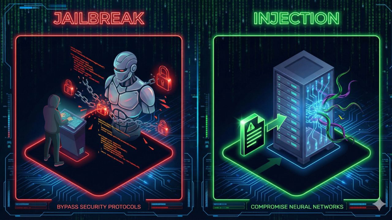 Technical diagram comparing AI Jailbreaking versus Prompt Injection attacks